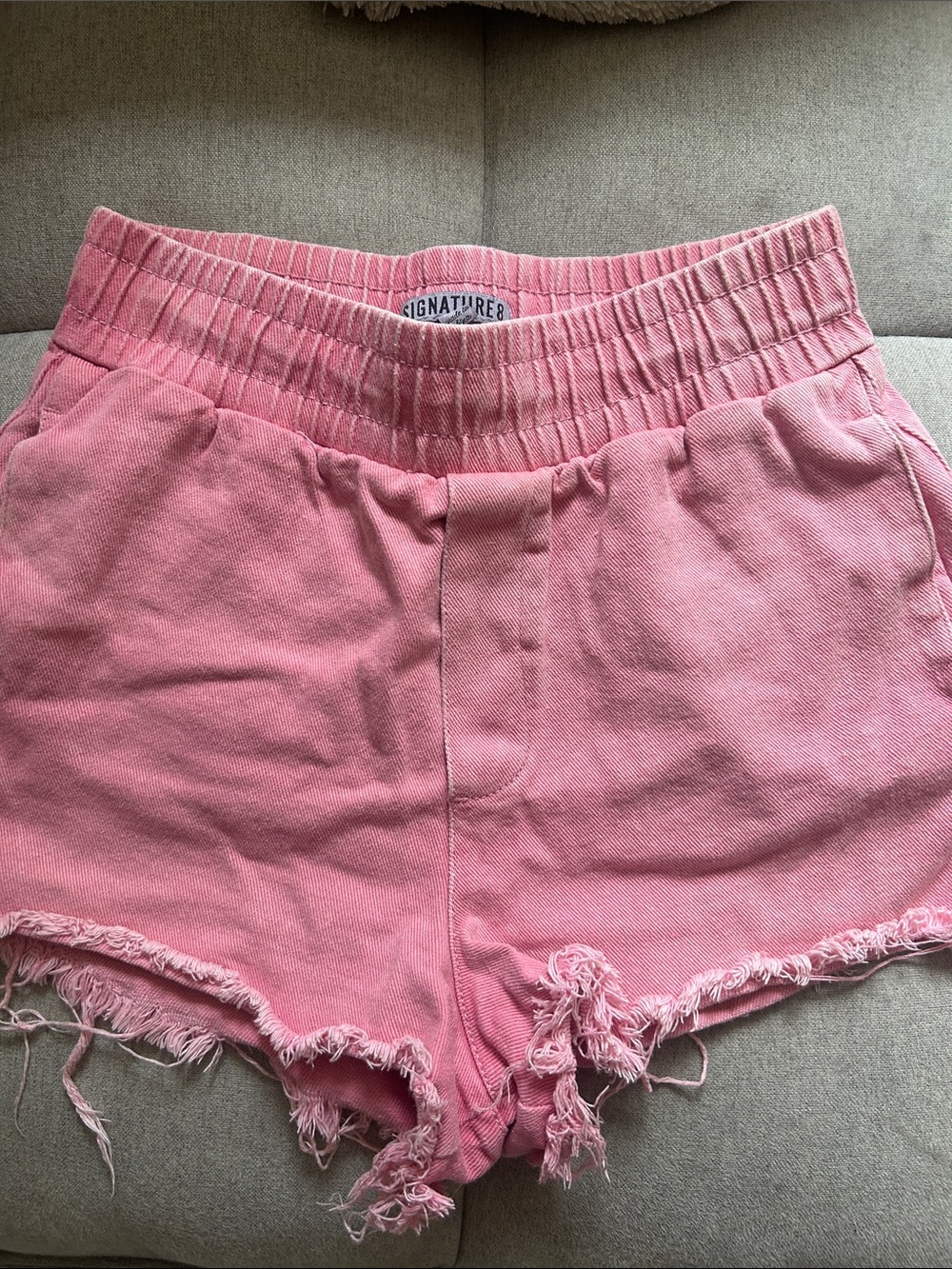 Signature Rose Pink Elastic Waist Frayed Denim Shorts